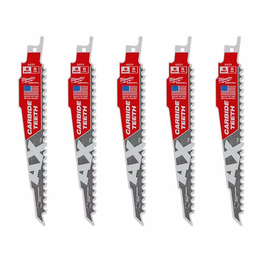 New ❤️ Milwaukee 6 In. 5 Teeth Per In. AX Carbide Teeth Demolition Nail Embedded Wood Cutting SAWZALL Reciprocating Saw Blades (5 Pack) 😉