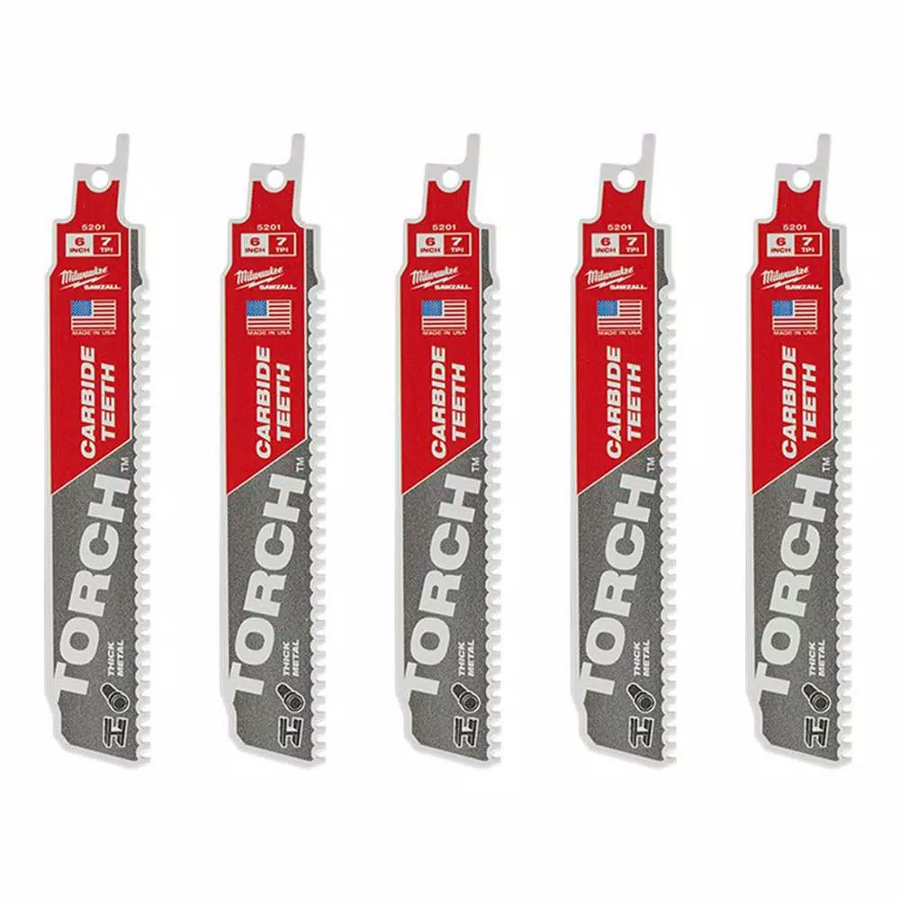 New ⌛ Milwaukee 6 In. 7 TPI TORCH Carbide Teeth Thick Metal Cutting SAWZALL Reciprocating Saw Blade (5 Pack) 💯