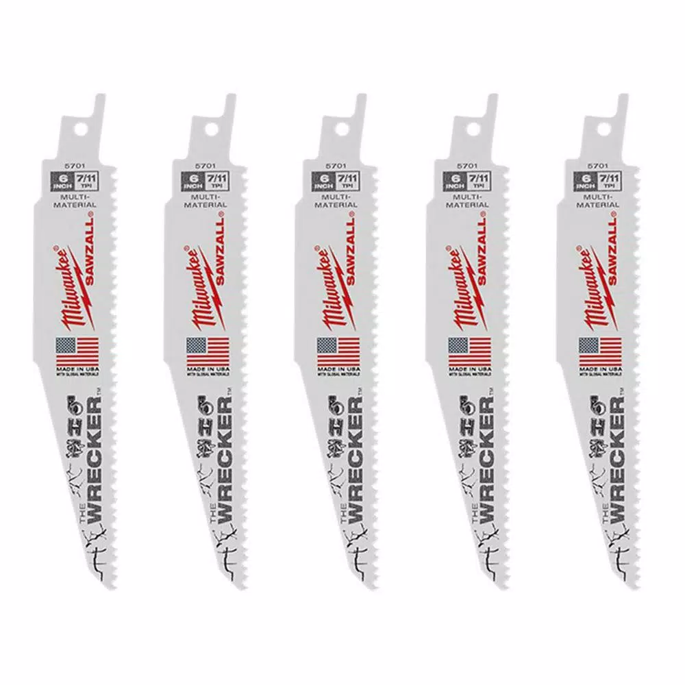 Promo 🥰 Milwaukee 6 In. 7/11 Teeth Per In. WRECKER Demolition Mutli-Material Cutting SAWZALL Reciprocating Saw Blades (5 Pack) 🌟